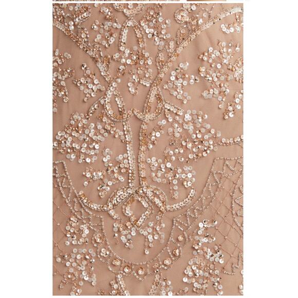 PISARRO NIGHTS New Beige Nude Beaded Mesh Midi Cocktail Dress Holiday NWT Sz 4 - Picture 9 of 11